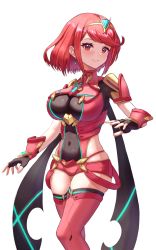 Rule 34 | 1girl, black gloves, breasts, chest jewel, desire (tbot7), earrings, fingerless gloves, gem, gloves, headpiece, highres, jewelry, large breasts, pyra (xenoblade), red eyes, red hair, red shorts, short hair, short shorts, shorts, simple background, solo, swept bangs, thighhighs, tiara, white background, xenoblade chronicles (series), xenoblade chronicles 2