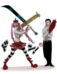 Rule 34 | 1boy, 1girl, artist request, black hair, breasts, cleavage, crossed arms, crown, dracule mihawk, dress, drill hair, faceless, faceless male, facial hair, highres, holding, holding sword, holding umbrella, holding weapon, huge weapon, large breasts, long hair, looking to the side, mustache, one piece, open clothes, open shirt, perona, pink hair, shirt, short hair, simple background, skirt, sword, translation request, twintails, twitter username, umbrella, very long hair, weapon, white background, yoru (one piece)