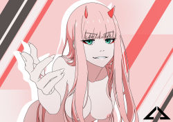Rule 34 | 10s, 1girl, absurdres, bad id, bad pixiv id, blunt bangs, breasts, darling in the franxx, diagonal stripes, fingernails, flat color, green eyes, hair censor, half-closed eyes, highres, horns, hyperbudd, leaning forward, long fingernails, long hair, looking at viewer, medium breasts, nipples, nude, pink hair, reaching, reaching towards viewer, ringed eyes, smirk, solo, split mouth, striped, zero two (darling in the franxx)