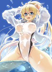 Rule 34 | 1girl, arms behind head, arms up, blonde hair, blue eyes, blue sky, blush, breasts, competition swimsuit, day, fate/grand order, fate (series), glasses, hair between eyes, highleg, highleg swimsuit, highres, jacket, jeanne d&#039;arc (fate), jeanne d&#039;arc (ruler) (fate), jeanne d&#039;arc (swimsuit archer) (fate), jeanne d&#039;arc (swimsuit archer) (second ascension) (fate), large breasts, long hair, looking at viewer, minase (dragon panda), one-piece swimsuit, open clothes, open jacket, open mouth, ponytail, sky, smile, solo, swimsuit, thighs, very long hair, water, wet, whistle, whistle around neck, white jacket, white one-piece swimsuit