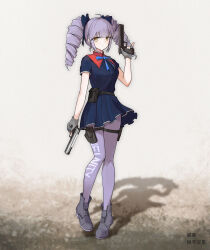 Rule 34 | 1girl, absurdres, belt pouch, blue bow, blue dress, blunt bangs, bow, brown eyes, closed mouth, collar, commentary request, dress, drill hair, full body, girls&#039; frontline, grey footwear, gun, hair bow, highres, holding, holding gun, holding weapon, holster, looking at viewer, original, pantyhose, pouch, purple hair, purple pantyhose, red collar, sakatakin, shadow, simple background, solo, thigh holster, twin drills, weapon, weapon request