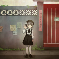 Rule 34 | 1girl, acea4, arm at side, beret, black footwear, black hat, black ribbon, black skirt, brown eyes, brown hair, collared shirt, commentary request, concrete, day, dress shirt, flower, gate, hand up, hat, hat flower, hatoba tsugu, loafers, long sleeves, looking at viewer, mole, mole under eye, neck ribbon, open mouth, outdoors, pantyhose, poster (object), ribbon, shirt, shoes, short hair, skirt, smile, solo, standing, street gutter, suspender skirt, suspenders, taiwan, tsugu (vtuber), virtual youtuber, weeds, white flower, white pantyhose, white shirt, wide shot