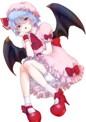 Rule 34 | 1girl, ascot, bat wings, bloomers, blue hair, bow, footwear bow, frills, hat, hat bow, head rest, high heels, mob cap, moguri m, purple eyes, red bow, red footwear, remilia scarlet, shoes, short hair, simple background, skirt, skirt set, solo, touhou, underwear, white background, wings, wrist cuffs