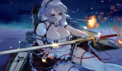Rule 34 | 1girl, anchor choker, artillery, artist request, azur lane, breasts, brown skirt, choker, cleavage, explosion, frilled choker, frilled skirt, frills, hairband, highres, holding, holding sword, holding weapon, lace-trimmed hairband, lace trim, large breasts, night, red eyes, red ribbon, ribbon, rigging, short hair, silver hair, sirius (azur lane), skirt, solo, star (sky), sword, thighhighs, water, weapon, white thighhighs, zettai ryouiki