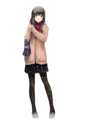 Rule 34 | 1girl, bag, black pantyhose, brown eyes, brown hair, cardigan, highres, hitori (htr t), loafers, long hair, original, pantyhose, red scarf, scarf, school bag, school uniform, shoes, simple background, skirt, snow, snowing, solo, standing, white background