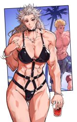 Rule 34 | 1boy, 1girl, abs, beach, blonde hair, breasts, dorohedoro, earrings, jewelry, large breasts, long hair, looking at viewer, muscular, muscular female, navel, noi (dorohedoro), open mouth, park ongjol, red eyes, shin (dorohedoro), simple background, smile, solo, swimsuit, white hair