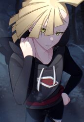 Rule 34 | 1boy, ahoge, black pants, black shirt, blonde hair, closed mouth, commentary request, cowboy shot, creatures (company), fanny pack, game freak, gladion (pokemon), green eyes, hand on own hip, hand on own neck, hand up, highres, hood, hooded vest, hoodie, male focus, mocacoffee 1001, nintendo, pants, pokemon, pokemon sm, red bag, shirt, short hair, signature, solo, tassel, vest