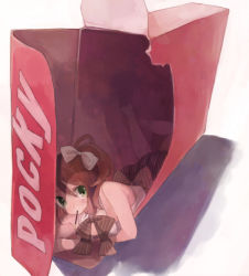 Rule 34 | 1girl, bad id, bad pixiv id, blush, bow, box, brown hair, food, food in mouth, green eyes, hair bow, in box, in container, lying, mini person, minigirl, on stomach, original, pocky, shigure ui, shirt, short hair, side ponytail, simple background, sleeveless, sleeveless shirt, solo