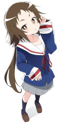 Rule 34 | 1girl, blush, brown eyes, brown footwear, brown hair, closed mouth, full body, grey skirt, hand up, ixy, long hair, long sleeves, looking at viewer, mikakunin de shinkoukei, mitsumine mashiro, pleated skirt, ponytail, sailor collar, school uniform, shoes, simple background, skirt, sleeves past wrists, socks, solo, standing, white background, white sailor collar
