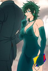 Rule 34 | 1boy, 1girl, bag, bare shoulders, boku no hero academia, breasts, choker, cleavage, closed mouth, collarbone, commentary request, covered navel, cowboy shot, dress, earrings, elbow gloves, formal, freckles, genderswap, genderswap (mtf), gloves, gradient background, green choker, green dress, green eyes, green hair, green jacket, green pants, grey background, hair between eyes, handbag, holding, jacket, jewelry, large breasts, medium breasts, medium hair, midoriya izuku, pants, pero (pero56870578), phone, sleeveless, sleeveless dress, solo focus, striped clothes, striped jacket, striped pants, sweatdrop