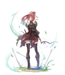 Rule 34 | 1girl, absurdres, armor, arrow (projectile), bare shoulders, belt, black footwear, black gloves, bow (weapon), breastplate, brown shorts, brown thighhighs, closed mouth, fingerless gloves, frills, gloves, grass, hair between eyes, highres, holding, holding bow (weapon), holding weapon, leaf, long hair, official art, original, pauldrons, planted, planted arrow, ponytail, quiver, red hair, scabbard, sheath, sheathed, shorts, shoulder armor, simple background, single pauldron, smile, solo, sword, thigh strap, thighhighs, turtle, vambraces, weapon, white background, wind, yellow eyes, yioshu