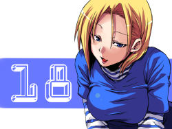 Rule 34 | 1girl, android 18, blonde hair, blue eyes, breasts, dragon ball, dragonball z, earrings, female focus, jewelry, ooike teru, open mouth, shirt, short hair, solo, striped clothes, striped shirt, white background