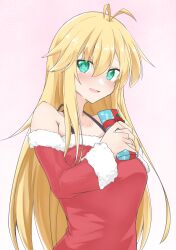 Rule 34 | 1girl, antenna hair, blonde hair, blush, christmas, commentary, dress, fur-trimmed dress, fur trim, gift, green eyes, highres, holding, holding gift, long hair, looking at viewer, off-shoulder dress, off shoulder, open mouth, red dress, santa dress, sena kizahashi, smile, solo, spaghetti strap, standing, tsurumaki maki, upper body, voiceroid