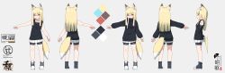 Rule 34 | 1girl, absurdres, animal ear fluff, animal ears, artist name, bike shorts, black shirt, blonde hair, blue eyes, blunt bangs, character sheet, collarbone, fox ears, fox girl, fox tail, from behind, from side, glasses, grey background, highres, kono iroha, kuro kosyou, long hair, long sleeves, looking at viewer, multiple views, original, outstretched arm, pleated skirt, red-framed eyewear, semi-rimless eyewear, shirt, shorts, shorts under skirt, simple background, skirt, sleeveless, sleeveless shirt, slit pupils, standing, straight hair, tail, white skirt