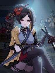 Rule 34 | 1girl, black gloves, black hair, black thighhighs, chiori (genshin impact), commentary, feet out of frame, genshin impact, gloves, grey kimono, hair ornament, hair stick, haori, highres, holding, holding sword, holding weapon, indoors, japanese clothes, kimono, kyundoo, long hair, looking at viewer, red eyes, short sleeves, side ponytail, sitting, solo, sword, thighhighs, thighs, weapon