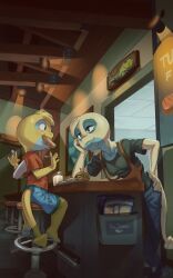 Rule 34 | 1boy, 1girl, apis, apron, blonde hair, blue eyes, breasts, burger, child, creatures (company), diner, dunsparce, food, french fries, furry, game freak, gen 2 pokemon, highres, medium breasts, monster boy, monster girl, mother and son, nintendo, pokemon, pokemon (creature), tail, wings