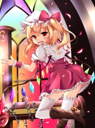Rule 34 | 1girl, absurdres, ascot, back, blonde hair, blush, boots, chain, church, cross, crystal, fangs, flandre scarlet, frilled thighhighs, frills, hat, highres, indoors, looking back, open mouth, puffy sleeves, red eyes, ribbon, short hair, side ponytail, sisterakuma, skirt, smile, solo, stained glass, thighhighs, touhou, vest, white thighhighs, wings