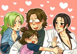 Rule 34 | 1boy, 3girls, :d, ^ ^, age difference, aqua eyes, arm grab, arm hug, black hair, blonde hair, blush, breasts, brother and sister, brown eyes, brown hair, cleavage, closed eyes, elbow pads, embarrassed, emma emmerich, facial hair, flipped hair, girl sandwich, glasses, gloves, green eyes, green hair, hair bun, hair ornament, hair stick, hal emmerich, half-closed eyes, happy, harem, heart, hug, jacket, jumpsuit, lab coat, large breasts, long hair, long sleeves, looking at another, low ponytail, metal gear (series), metal gear solid, metal gear solid 2: sons of liberty, metal gear solid 4: guns of the patriots, multiple girls, naomi hunter, nervous, nishioka osora, no bra, opaque glasses, open clothes, open jacket, open mouth, outline, pikumiso, pimp, pink background, ponytail, raglan sleeves, sandwiched, short hair, siblings, simple background, single hair bun, smile, sniper wolf, spoilers, spoken heart, stubble, sweat, sweater, turtleneck, upper body