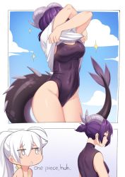Rule 34 | 2girls, ahoge, blue sky, breasts, chibi, cloud, comic, covered navel, day, dragon tail, english text, hair between eyes, highleg, highleg swimsuit, highres, horns, iwbitu, jitome, large breasts, lifted by self, long hair, multiple girls, nyopu, one-piece swimsuit, original, ponytail, purple eyes, purple hair, purple one-piece swimsuit, sky, sparkle, spiked tail, swimsuit, tail, taut clothes, taut swimsuit, triangle mouth, undressing, white hair