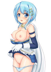 Rule 34 | 10s, 1girl, blue eyes, blue hair, blue panties, blush, breasts, cape, clothes lift, clothes pull, cowboy shot, fortissimo, from side, gloves, hair ornament, hairclip, kishimen, large breasts, lifting own clothes, mahou shoujo madoka magica, mahou shoujo madoka magica (anime), mahou shoujo madoka magica movie 1 &amp; 2, matching hair/eyes, miki sayaka, musical note, musical note hair ornament, navel, nipples, no bra, open mouth, panties, panty pull, pussy, shirt pull, short hair, short hair with long locks, simple background, skirt, skirt lift, solo, uncensored, underwear, white background