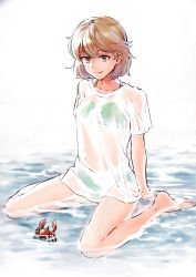 Rule 34 | 1girl, absurdres, barefoot, bikini, breasts, brown eyes, brown hair, closed mouth, crab, green bikini, highres, ichifuji, kantai collection, oboro (kancolle), shirt, short hair, simple background, sitting, small breasts, solo, swimsuit, water, wet, wet clothes, wet shirt, white shirt