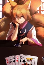 Rule 34 | 1girl, 1other, animal ear fluff, animal ears, arm support, blonde hair, blush, card, commentary request, dress, fluffy, fox ears, fox tail, hair between eyes, hand on own face, kirisame tarou, kitsune, long sleeves, looking at viewer, multiple tails, no headwear, playing card, pov, short hair, shouji, sitting, sliding doors, smile, tabard, table, tail, touhou, white dress, wide sleeves, wooden table, yakumo ran