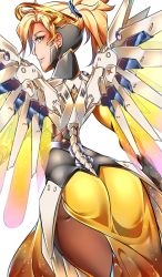 Rule 34 | 1girl, armor, ass, blonde hair, blue eyes, bodysuit, from behind, geroro44, gloves, halo, high ponytail, highres, long hair, looking at viewer, looking back, mechanical halo, mechanical wings, mercy (overwatch), overwatch, overwatch 1, pantyhose, ponytail, shiny clothes, skin tight, skirt, smile, solo, wings