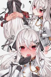 Rule 34 | !, 1boy, 1girl, ?, ahoge, anparu, bad id, bad pixiv id, black gloves, black ribbon, blush, breasts, buttons, commander (girls&#039; frontline), commentary request, double-breasted, food, frilled sleeves, frills, full-face blush, girls&#039; frontline, gloves, hair between eyes, hair ornament, hair ribbon, hairclip, head tilt, heart, hetero, highres, hug, iws 2000 (girls&#039; frontline), kiss, large breasts, long hair, long sleeves, looking at viewer, military, military uniform, miniskirt, motion lines, mouth hold, open mouth, pleated skirt, pocky, pocky kiss, red eyes, red shirt, ribbon, saliva, shared food, shirt, sidelocks, silver hair, skirt, surprised, sweat, tears, uniform, white background, white shirt, white skirt