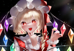 Rule 34 | 1girl, :d, blonde hair, blush, bow, commentary request, crystal, dark background, earrings, finger to cheek, flandre scarlet, glint, hands up, hat, hat bow, highres, holding, index finger raised, jewelry, lens flare, light particles, mob cap, open mouth, rainbow, red bow, red eyes, red vest, simple background, smile, solo, touhou, upper body, vest, white hat, wings, wrist cuffs, yukia (yukia 777)