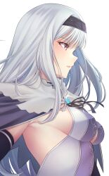 Rule 34 | 1girl, aira blanc neige galdinius, black hairband, blanc neige, breasts, capelet, floating hair, from side, grey capelet, hairband, highres, long hair, medium breasts, parted lips, profile, red eyes, shining (series), shining blade, sideboob, simple background, solo, wanzi (99wanzi99), white background, white hair