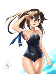 Rule 34 | alternate hairstyle, armpits, blue one-piece swimsuit, breasts, collarbone, competition swimsuit, cowboy shot, eureka (eureka-0075), gluteal fold, gradient background, hair between eyes, hatsushimo (kancolle), kantai collection, looking at viewer, one-piece swimsuit, ponytail, salute, school swimsuit, signature, small breasts, solo, standing, swimsuit, thigh gap, thighs