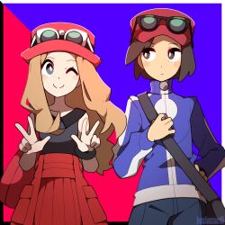 Rule 34 | 1boy, 1girl, artist name, bag, black hair, blue background, blue jacket, calem (pokemon), collarbone, cowboy shot, creatures (company), double w, eyewear on headwear, game freak, grey eyes, hand on own hip, highres, jacket, light brown hair, looking to the side, luciacacti, nintendo, one eye closed, pleated skirt, pokemon, pokemon xy, red background, red headwear, serena (pokemon), skirt, smile, split mouth, sunglasses, two-tone background, w