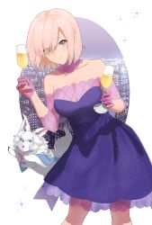 Rule 34 | 1girl, blue dress, breasts, cleavage, closed mouth, collarbone, cup, detached sleeves, dress, drinking glass, eyes visible through hair, fate/grand order, fate (series), fou (fate), gloves, hair over one eye, highres, holding, holding cup, leaning to the side, long sleeves, mash kyrielight, mash kyrielight (chaldea dinnertime), medium breasts, official alternate costume, pink gloves, pink sleeves, ryotarou (seyana), see-through, short dress, short hair, silver hair, sleeveless, sleeveless dress, smile, solo, standing, striped clothes, striped dress, wine glass