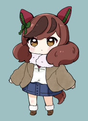 Rule 34 | 1girl, :&lt;, animal ears, blue background, blue sky, blush stickers, boots, bow, brown eyes, brown footwear, brown hair, brown jacket, chibi, closed mouth, commentary, denim, denim skirt, ear bow, full body, fur-trimmed boots, fur trim, green bow, highres, horse ears, horse girl, horse tail, jacket, long sleeves, multicolored hair, nice nature (umamusume), nozo (hitomiz), open clothes, open jacket, scarf, shirt, simple background, skirt, sky, sleeves past wrists, solo, standing, streaked hair, tail, twintails, umamusume, white scarf, white shirt