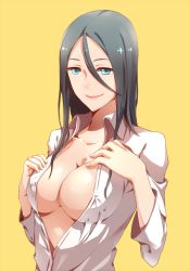 Rule 34 | 1girl, black hair, blue eyes, breasts, hair between eyes, hands on own chest, large breasts, long hair, no bra, open clothes, open shirt, school girl strikers, shiranui hazuki, shirt, simple background, smile, solo, taizi, upper body