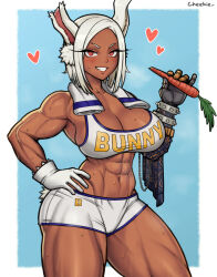 Rule 34 | 1girl, abs, animal ears, arm wrap, artist name, bare shoulders, blue background, blue shorts, blush, boku no hero academia, border, breasts, carrot, cheekie, cleavage, clothes writing, clothing cutout, collarbone, commentary, contrapposto, dark-skinned female, dark skin, english commentary, gloves, hand on own hip, heart, highres, holding, holding carrot, large breasts, long eyelashes, looking at viewer, mechanical arms, mirko, muscular, muscular female, navel, parted bangs, pinky out, rabbit ears, rabbit girl, rabbit tail, red eyes, short hair, short shorts, shorts, single mechanical arm, smile, solo, sports bra, stomach, sweat, tail, tail through clothes, thick thighs, thighs, towel, towel around neck, white border, white gloves, white hair, white sports bra