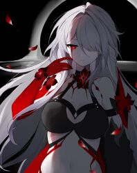Rule 34 | 1girl, acheron (honkai: star rail), bare shoulders, blood, bloody tears, breasts, cleavage, commentary request, crop top, flower, hand up, highres, honkai: star rail, honkai (series), large breasts, long hair, looking at viewer, midriff, navel, nirako mona, official alternate color, petals, red eyes, red flower, solo, stomach, upper body, very long hair, white hair