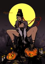 Rule 34 | 1girl, bad id, bad tumblr id, bare shoulders, bayonetta, bayonetta, bayonetta (series), beehive hairdo, black hair, black lips, blue eyes, bodysuit, breasts, candle, cleavage, cleavage cutout, clothing cutout, diana jakobsson, earrings, full moon, glasses, halloween, jack-o&#039;-lantern, jewelry, lipstick, makeup, making-of available, mole, mole under mouth, moon, pinup (style), red ribbon, ribbon, smile, solo