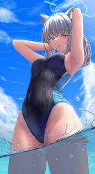 Rule 34 | 1girl, animal ear fluff, animal ears, armpits, arms behind head, arms up, bare arms, blue archive, blue eyes, blue sky, blush, breasts, bright pupils, bubble, cloud, cloudy sky, competition swimsuit, covered navel, cross hair ornament, expressionless, from below, grey hair, hair between eyes, hair ornament, hair tie, hair tie in mouth, halo, highleg, highleg swimsuit, highres, looking at viewer, looking down, medium breasts, mismatched pupils, mouth hold, one-piece swimsuit, partially underwater shot, ponytail, revision, shiroko (blue archive), shiroko (swimsuit) (blue archive), sidelocks, silver bullet (ecc12 8), sky, solo, splashing, standing, swimsuit, thighs, two-tone swimsuit, tying hair, wading, wet, wet clothes, wet swimsuit, white pupils