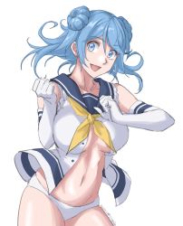 Rule 34 | 1girl, blue eyes, blue hair, breasts, commentary request, cowboy shot, double bun, elbow gloves, gloves, hair bun, highres, kantai collection, looking at viewer, medium breasts, neckerchief, no pants, panties, school uniform, serafuku, simple background, sleeves rolled up, smile, socks, solo, sozan, underwear, urakaze (kancolle), white background, white panties, white socks, yellow neckerchief