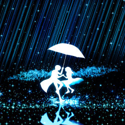 Rule 34 | 1boy, 1girl, from side, harada miyuki, highres, looking at another, monochrome, night, outdoors, rain, star (symbol), tagme, umbrella
