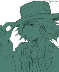 Rule 34 | 1boy, ascot, edmond dantes (fate), fate/grand order, fate (series), fedora, formal, from side, green theme, hand on headwear, hat, looking at viewer, male focus, minafuni, monochrome, short hair, sketch, solo, suit, twitter username, wavy hair