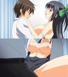 Rule 34 | 10s, animated, animated gif, blush, bouncing breasts, breasts, clothed sex, floating material, girl on top, head back, kirisaki ibu, large breasts, sex, split screen, swimsuit