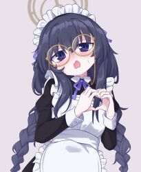 Rule 34 | 1girl, alternate costume, apron, bags under eyes, black dress, black hair, blue archive, blue eyes, blush, braid, commentary, dress, enmaided, eyewear strap, frilled apron, frills, glasses, grey background, hair between eyes, halo, heart, heart hands, highres, long hair, low twin braids, maid, maid apron, maid headdress, mixed-language commentary, open mouth, pankobreaddumbs, round eyewear, simple background, solo, stinky, sweatdrop, twin braids, ui (blue archive), very long hair, wavy mouth