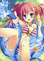 Rule 34 | 1girl, :d, absurdres, bikini, blue eyes, breasts, cleavage, dengeki moeou, fang, flower, halterneck, highres, hose, jewelry, long hair, looking at viewer, navel, necklace, open mouth, partially submerged, pink bikini, pink hair, smile, solo, striped bikini, striped clothes, swimsuit, toranosuke, twintails, very long hair, wading pool, water