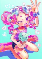 Rule 34 | 1girl, absurdres, bandaid, bandaid on leg, blue background, commentary request, eyelashes, eyewear on head, food, heart, highres, holding, holding food, holding ice cream, ice cream, medium hair, mint chocolate, nintendo, octoling, octoling girl, octoling player character, one eye closed, open mouth, payayo884, pink eyes, pink footwear, pink hair, sandals, sitting, solo, splatoon (series), sunglasses, sweat, tentacle hair, toes, twintails, wariza
