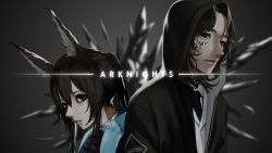 Rule 34 | 1boy, 1girl, amiya (arknights), animal ears, arknights, black background, black hair, black jacket, blue eyes, blue neckwear, commentary request, copyright name, doctor (arknights), gradient background, hair between eyes, highres, hood, hooded jacket, jacket, lips, long hair, looking at viewer, male doctor (arknights), mole, mole on neck, necktie, open mouth, parted lips, rabbit girl, shirt, smile, tacshojosora, white shirt
