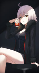 Rule 34 | 1girl, absurdres, ahoge, black dress, blue coat, coat, dress, fate/grand order, fate (series), gnns, grin, highres, jeanne d&#039;arc (fate), jeanne d&#039;arc alter (fate), long sleeves, looking at viewer, lying, on side, open clothes, open coat, saint quartz (fate), short dress, smile, solo, two-sided coat, two-sided fabric, white hair, yellow eyes