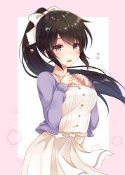 Rule 34 | 1girl, badminton girls, black hair, blush, bow, cardigan, dress, floating hair, flying sweatdrops, gomano rio, hair bow, hands up, long hair, looking at viewer, official art, open cardigan, open clothes, open mouth, ponytail, purple eyes, sidelocks, solo, white bow, white dress