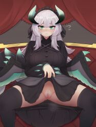 Rule 34 | 1girl, black dress, black thighhighs, blush, cameltoe, censored, chamber dragonmaid, clothes lift, couch, dragon girl, dragon horns, dragon wings, dress, dress lift, duel monster, female pubic hair, flying sweatdrops, green eyes, horns, lifted by self, long hair, looking at viewer, mosaic censoring, no panties, on couch, pubic hair, sitting, solo, spread legs, thighhighs, white hair, white pubic hair, wings, yonaga san, yu-gi-oh!